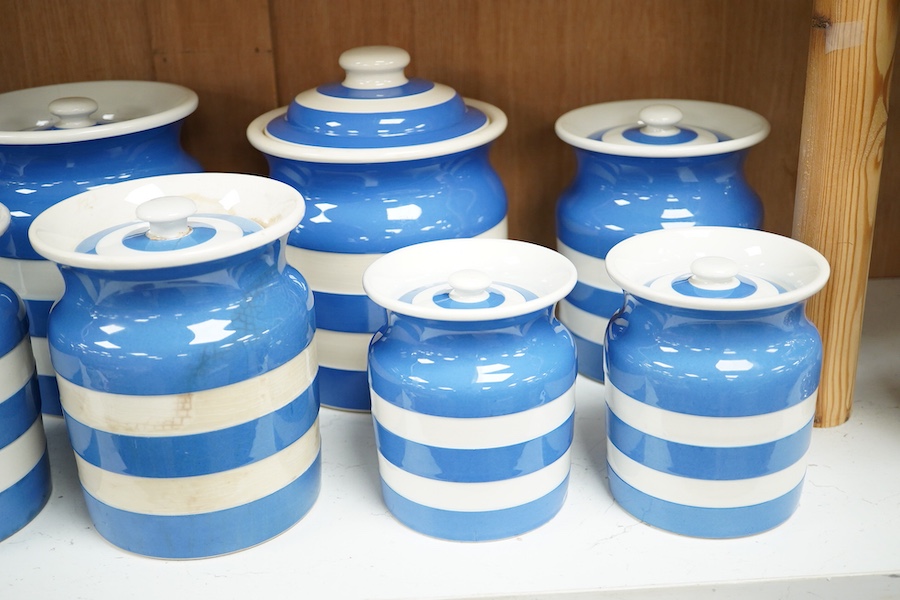 A quantity of T. G. Green ‘Cornishware’, kitchen storage jars and covers, tallest bread bin and cover 29cm high. Condition - some staining and crazing, mostly good